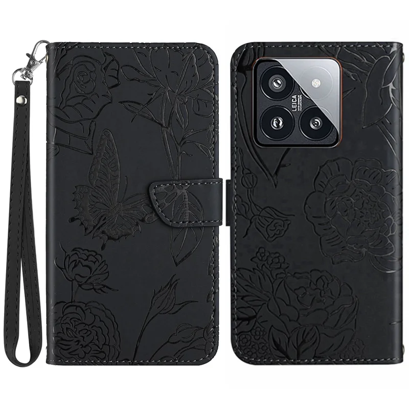 HT03 Voor Xiaomi 14 Hoesje Met Bloemenprint Leren Portemonnee Cover met Handtas - Zwart