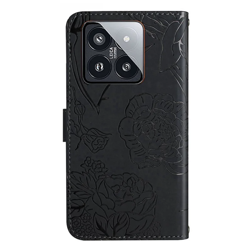 HT03 Voor Xiaomi 14 Hoesje Met Bloemenprint Leren Portemonnee Cover met Handtas - Zwart
