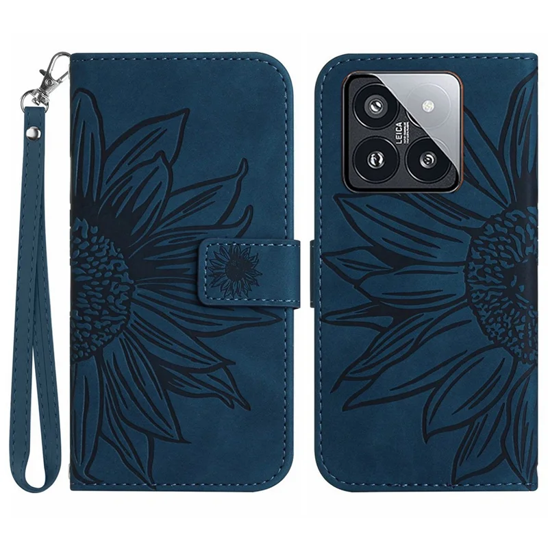 HT04 Für Xiaomi 14 Hülle PU Leder Brieftasche Bedruckt Sonnenblume Cover mit Handschlaufe - Dunkelblau