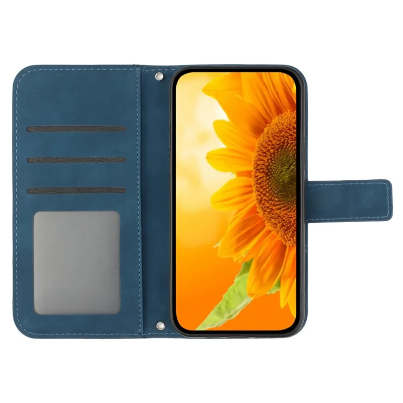 HT04 Für Xiaomi 14 Hülle PU Leder Brieftasche Bedruckt Sonnenblume Cover mit Handschlaufe - Dunkelblau