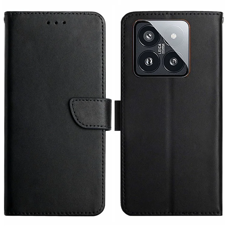 HT02 Pour Xiaomi 14 Case Étanche à la Poussière Véritable Cuir de Vache Housse de Téléphone Portable Portefeuille - Noir