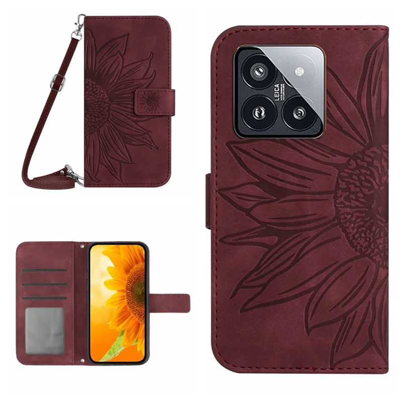 HT04 Pour Xiaomi 14 Étui Tournesol Imprimé Support Étui Portefeuille avec Bandoulière - Rouge Vin