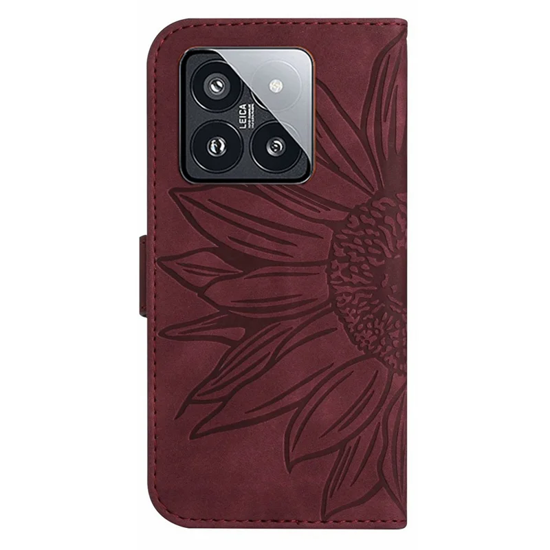 HT04 Pour Xiaomi 14 Étui Tournesol Imprimé Support Étui Portefeuille avec Bandoulière - Rouge Vin