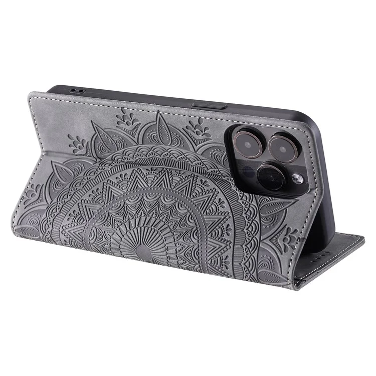 For iPhone 14 Pro Case Imprinted Mandala Flower Leather Cover with Wallet - Grey