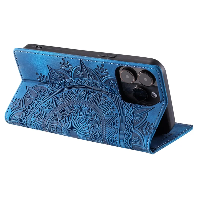 Für iPhone 14 Pro Hülle Geprägter Mandala-Blumen-Leder-Cover mit Geldbörse - Blau