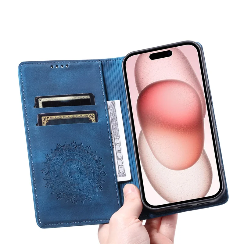 Für iPhone 14 Pro Hülle Geprägter Mandala-Blumen-Leder-Cover mit Geldbörse - Blau