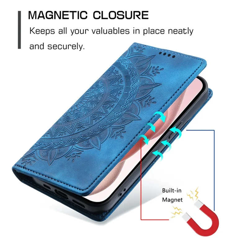 Für iPhone 14 Pro Hülle Geprägter Mandala-Blumen-Leder-Cover mit Geldbörse - Blau