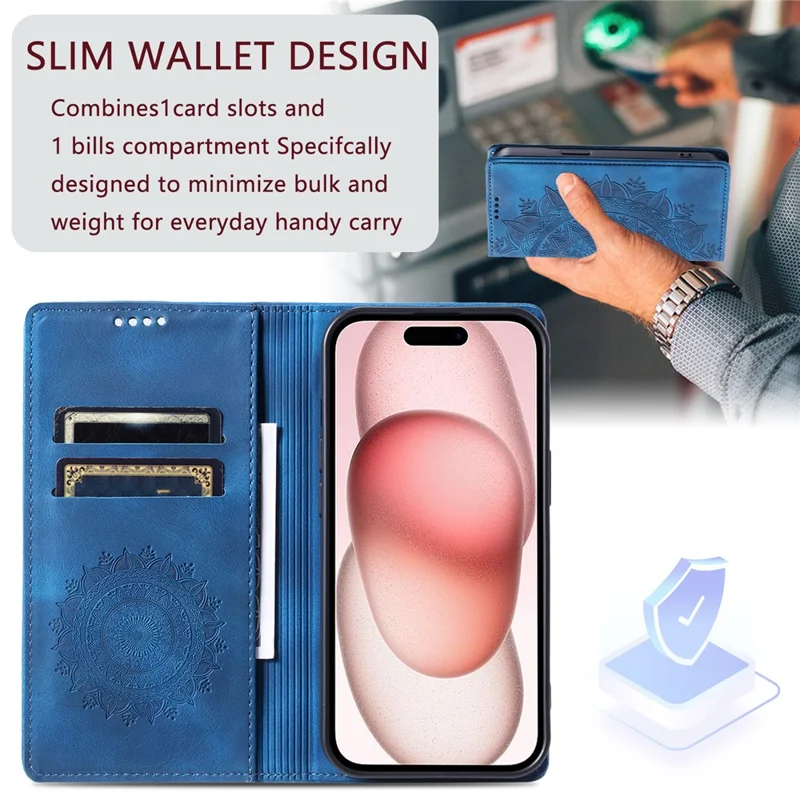 Für iPhone 14 Pro Hülle Geprägter Mandala-Blumen-Leder-Cover mit Geldbörse - Blau