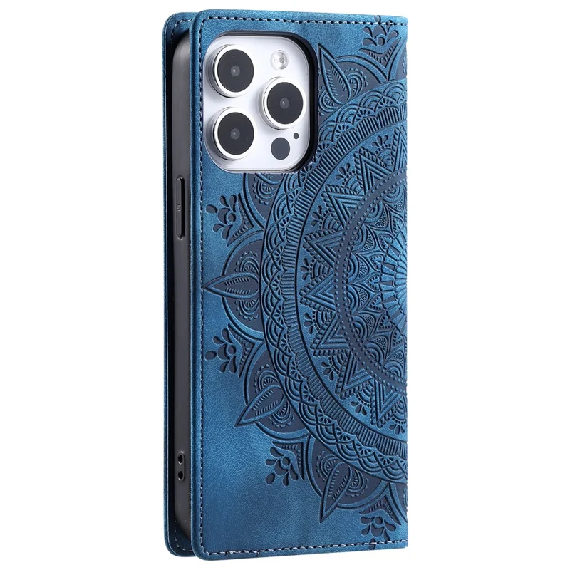 Für iPhone 14 Pro Hülle Geprägter Mandala-Blumen-Leder-Cover mit Geldbörse - Blau