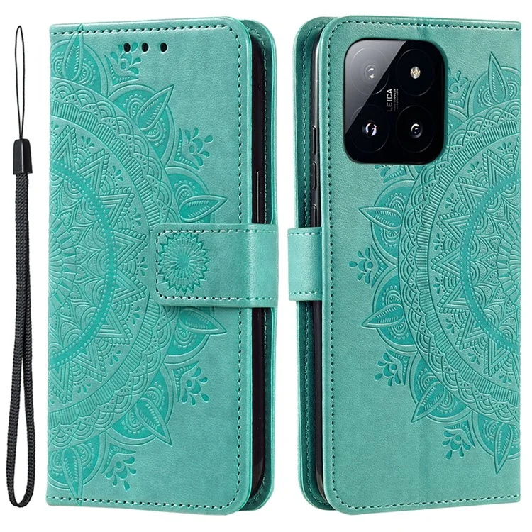 Per Xiaomi 14 Pro Case Mandala Flower Imprinted Leather Phone Wallet Cover with Stand - Menta Verde