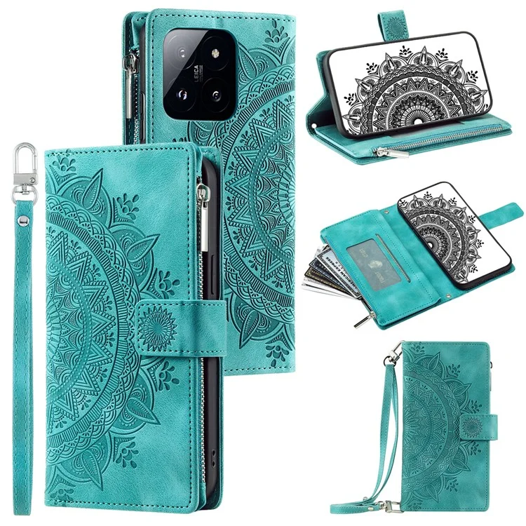 Style 006 For Xiaomi 14 Pro Case Leather Wallet Cover with Hand Strap and Shoulder Strap - Mint Green
