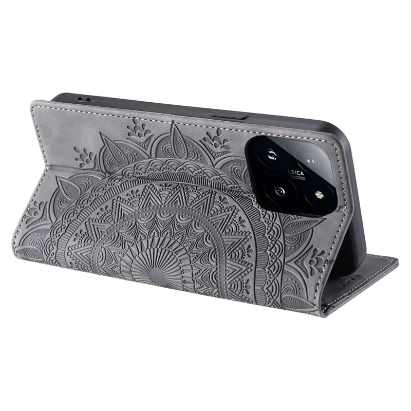 Estilo-010 Para Xiaomi 14 Pro Case Imprinted Mandala Flower Leather Phone Cover - Cinza