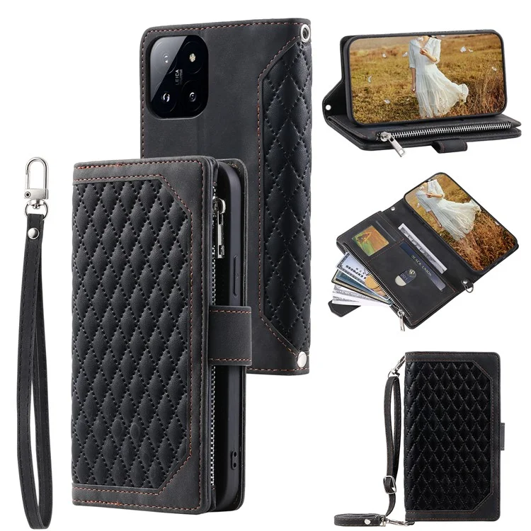 005 Estilo para Xiaomi 14 Pro Case Cuero PU Cremallera Cartera Cubierta con Correa de Mano y Correa de Hombro - Negro