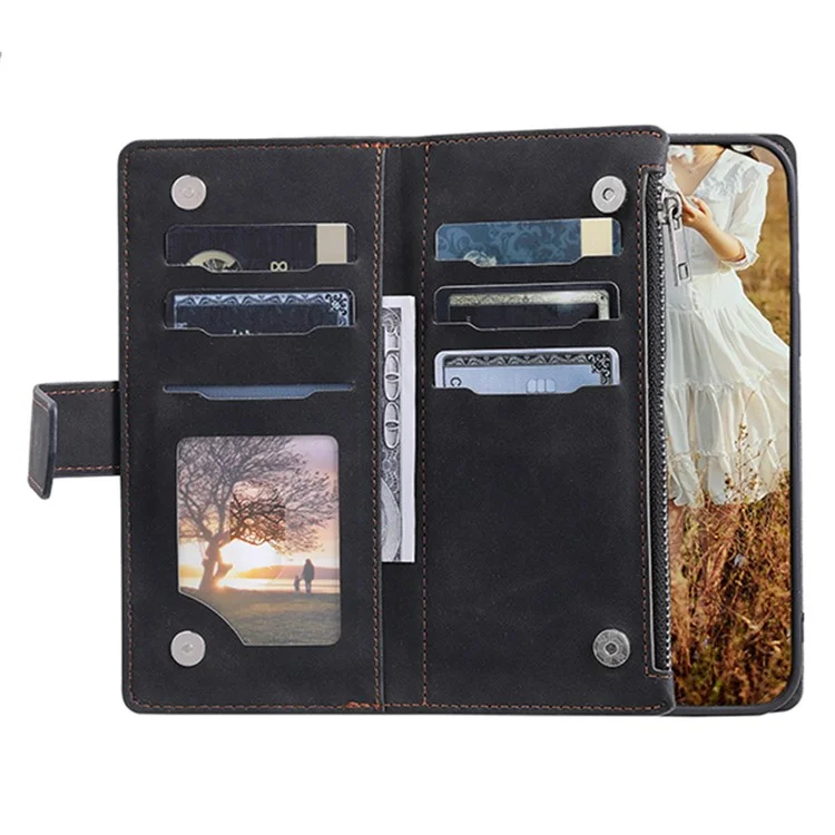 005 Estilo para Xiaomi 14 Pro Case Cuero PU Cremallera Cartera Cubierta con Correa de Mano y Correa de Hombro - Negro