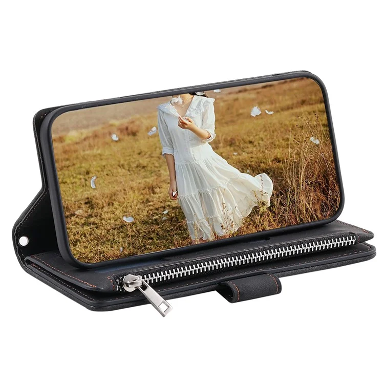 005 Estilo para Xiaomi 14 Pro Case Cuero PU Cremallera Cartera Cubierta con Correa de Mano y Correa de Hombro - Negro
