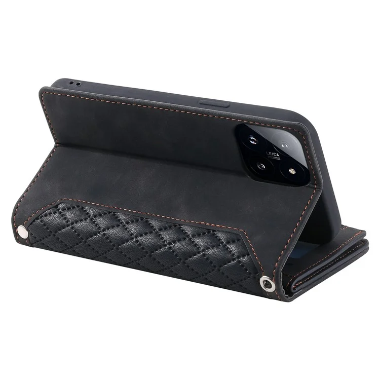 005 Estilo para Xiaomi 14 Pro Case Cuero PU Cremallera Cartera Cubierta con Correa de Mano y Correa de Hombro - Negro