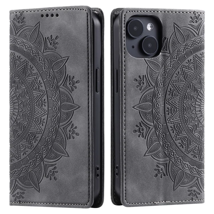 For iPhone 14 Case PU Leather Imprinted Mandala Flower Wallet Phone Cover - Grey
