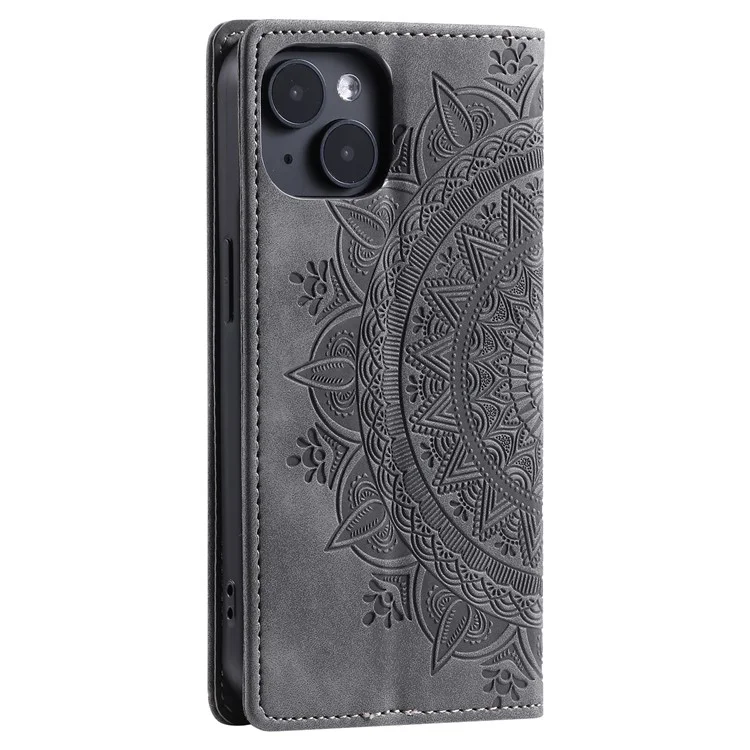 For iPhone 14 Case PU Leather Imprinted Mandala Flower Wallet Phone Cover - Grey