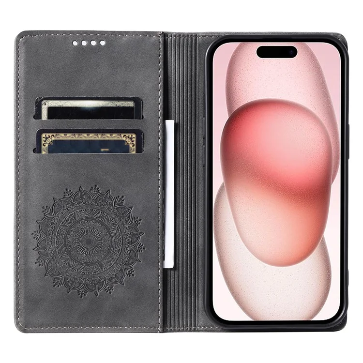 For iPhone 14 Case PU Leather Imprinted Mandala Flower Wallet Phone Cover - Grey