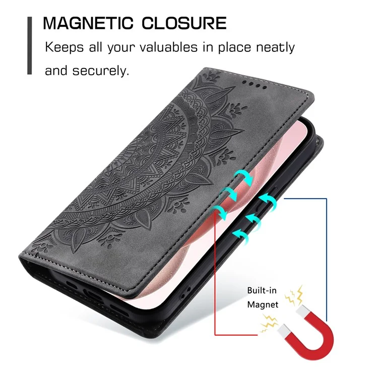 For iPhone 14 Case PU Leather Imprinted Mandala Flower Wallet Phone Cover - Grey