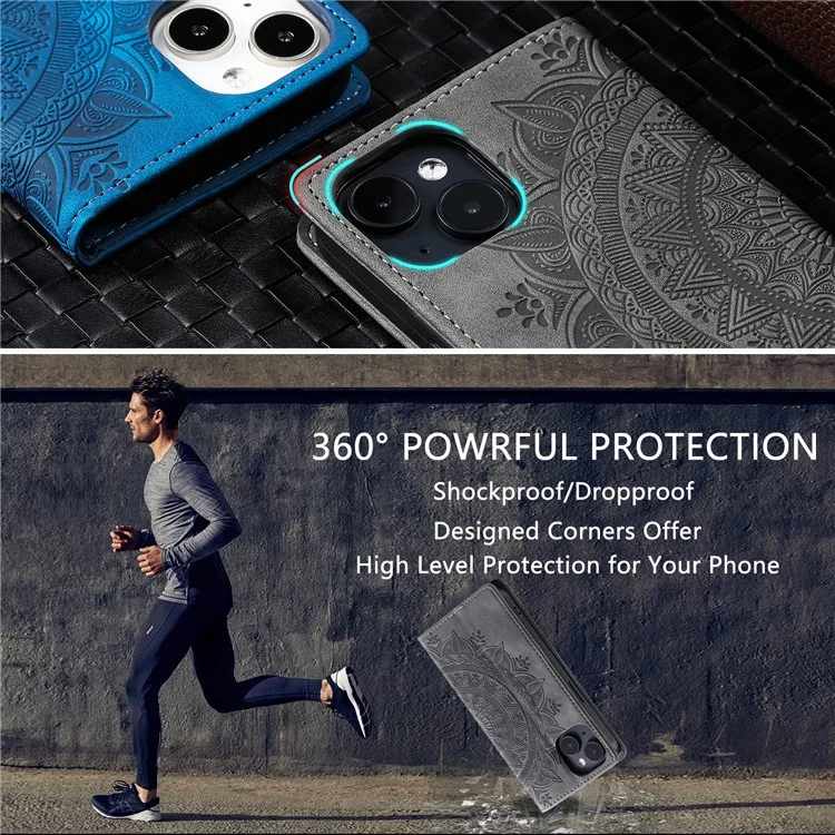 For iPhone 14 Case PU Leather Imprinted Mandala Flower Wallet Phone Cover - Grey