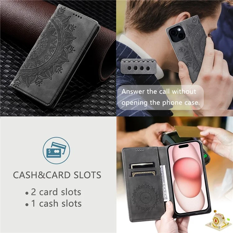 For iPhone 14 Case PU Leather Imprinted Mandala Flower Wallet Phone Cover - Grey
