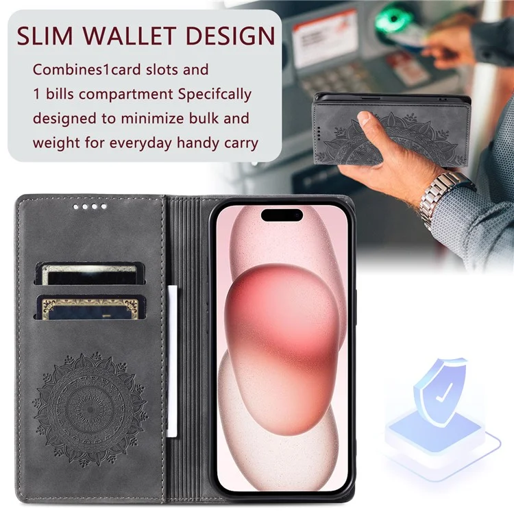 For iPhone 14 Case PU Leather Imprinted Mandala Flower Wallet Phone Cover - Grey
