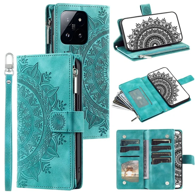 006 Capa para Xiaomi 14 Caso Slim-Fit Phone Shell Carteira de Couro Impressa Capa de Telefone com Alça - Verde Menta
