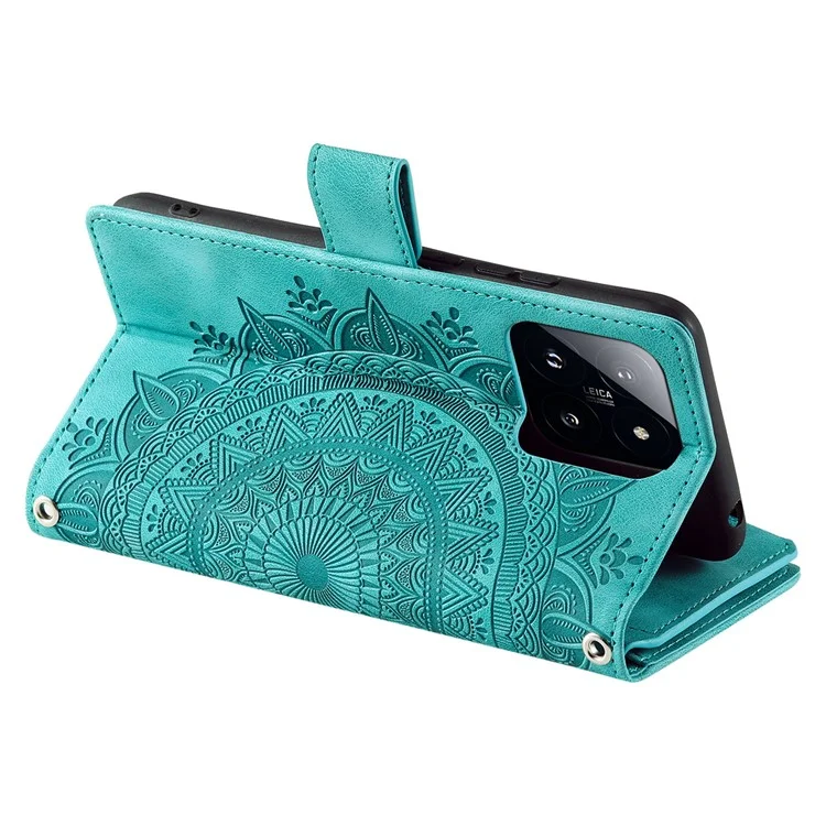 006 Capa para Xiaomi 14 Caso Slim-Fit Phone Shell Carteira de Couro Impressa Capa de Telefone com Alça - Verde Menta