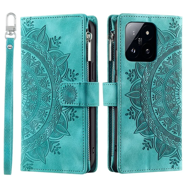 006 Capa para Xiaomi 14 Caso Slim-Fit Phone Shell Carteira de Couro Impressa Capa de Telefone com Alça - Verde Menta