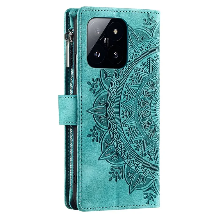 006 Capa para Xiaomi 14 Caso Slim-Fit Phone Shell Carteira de Couro Impressa Capa de Telefone com Alça - Verde Menta