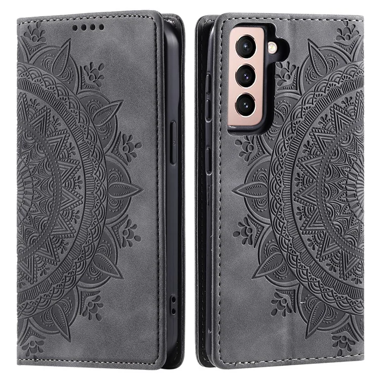 Para Samsung Galaxy S22+ 5G Case Imprinted Mandala Flower Leather Cover with Wallet - Cinza
