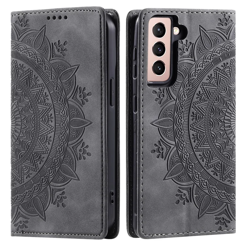 Samsung Galaxy S23+ hoesje met ingebrande mandala bloem lederen cover met portemonnee - Grijs
