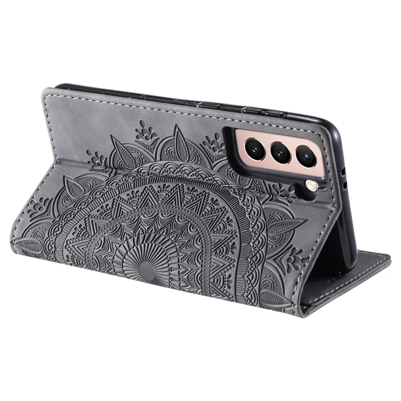 Samsung Galaxy S23+ hoesje met ingebrande mandala bloem lederen cover met portemonnee - Grijs