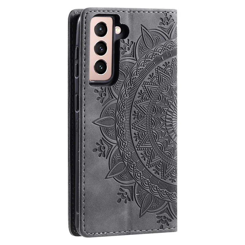 Samsung Galaxy S23+ hoesje met ingebrande mandala bloem lederen cover met portemonnee - Grijs