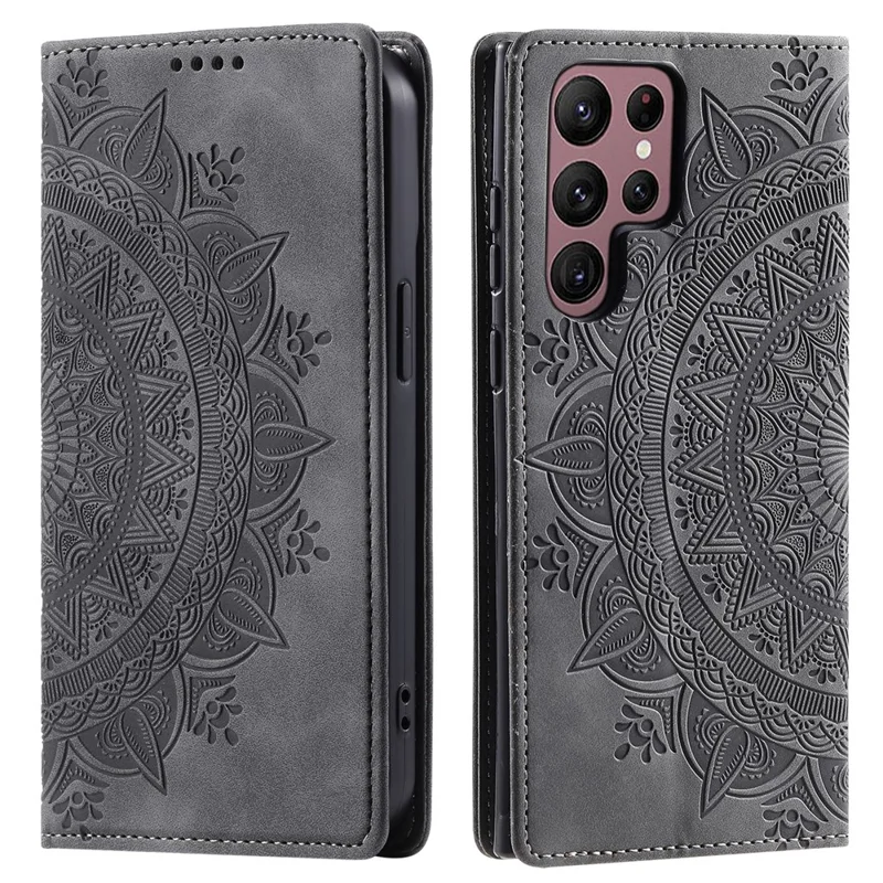 Capa para Samsung Galaxy S22 Ultra 5G com Fecho Automático Magnético, à Prova de Choques, em Pele com Suporte, Capa para Telemóvel - Cinzenta