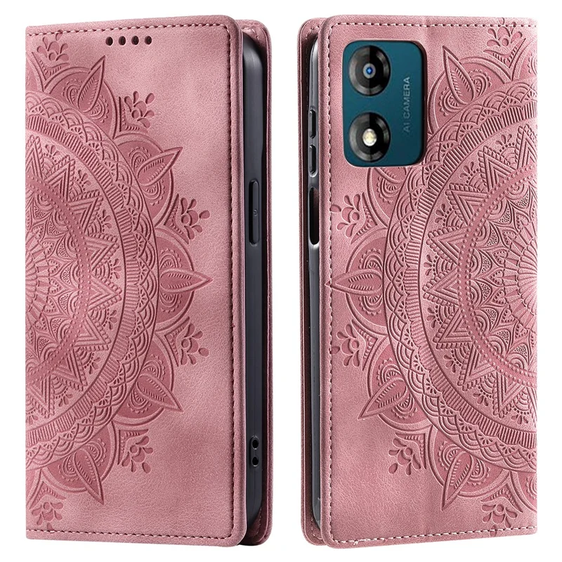 For Motorola Moto E13 4G Case PU Leather Magnetic Imprinted Stand Phone Protector - Rose Gold