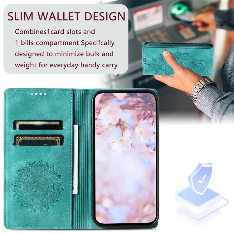 Für Samsung Galaxy A15 4G Case Imprinted Mandala Flower Magnetische Telefonleder-Abdeckung - Minzgrün