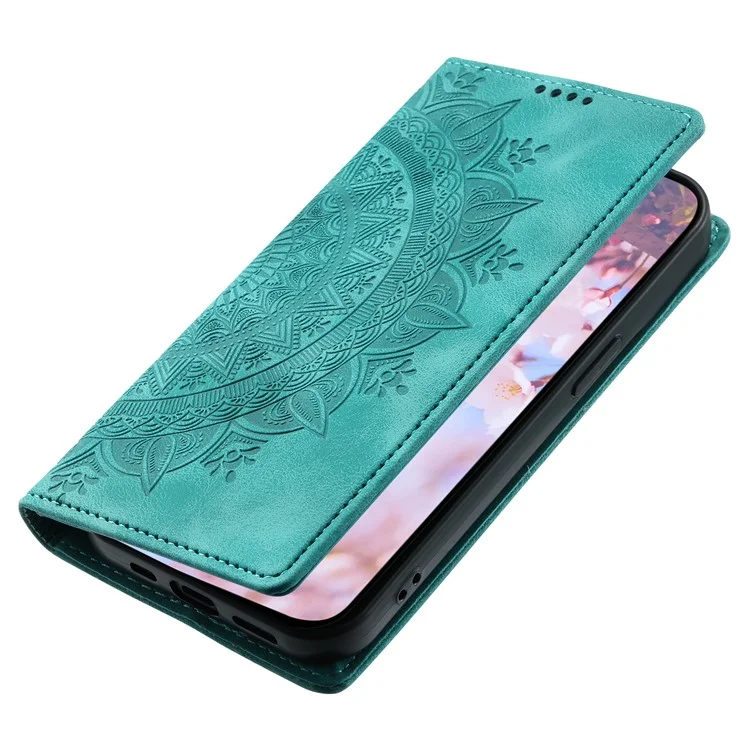 Für Samsung Galaxy A15 4G Case Imprinted Mandala Flower Magnetische Telefonleder-Abdeckung - Minzgrün