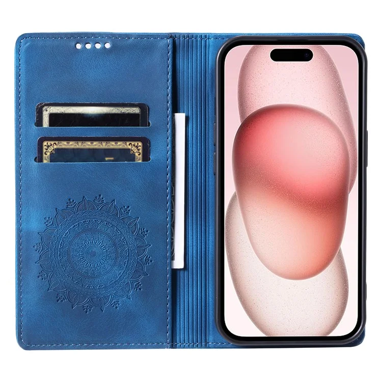 For iPhone 15 Pro Max Case Stand Phone Cover PU Leather Magnetic Imprinted Shell - Blue