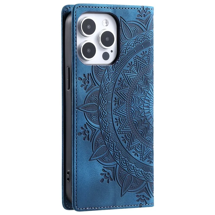 For iPhone 15 Pro Max Case Stand Phone Cover PU Leather Magnetic Imprinted Shell - Blue