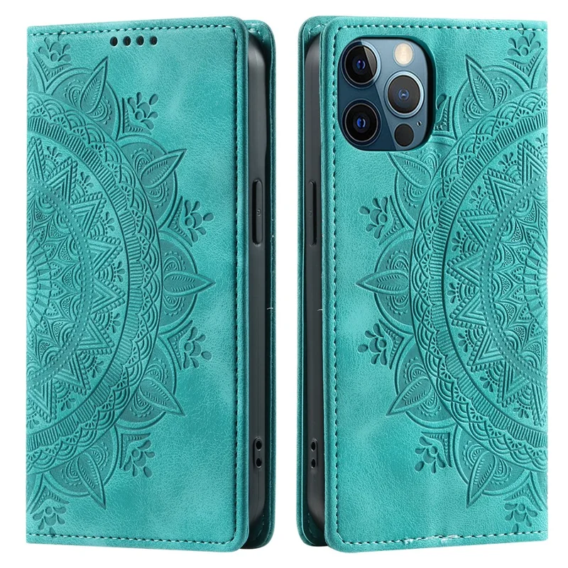 For iPhone 12 Pro Max Case PU Leather Magnetic Imprinted Stand Phone Cover - Mint Green