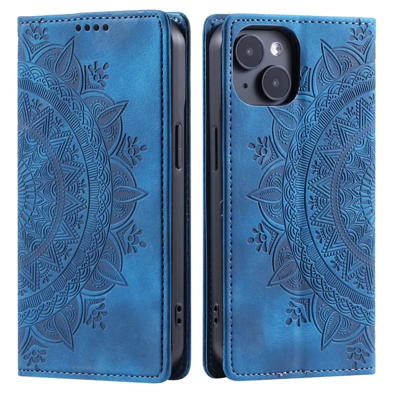 For iPhone 13 Case Magnetic Imprinted Stand PU Leather Phone Cover - Blue