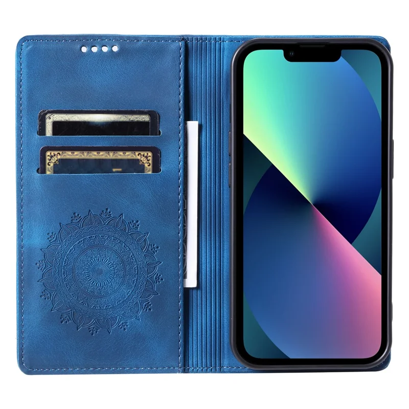 For iPhone 13 Case Magnetic Imprinted Stand PU Leather Phone Cover - Blue