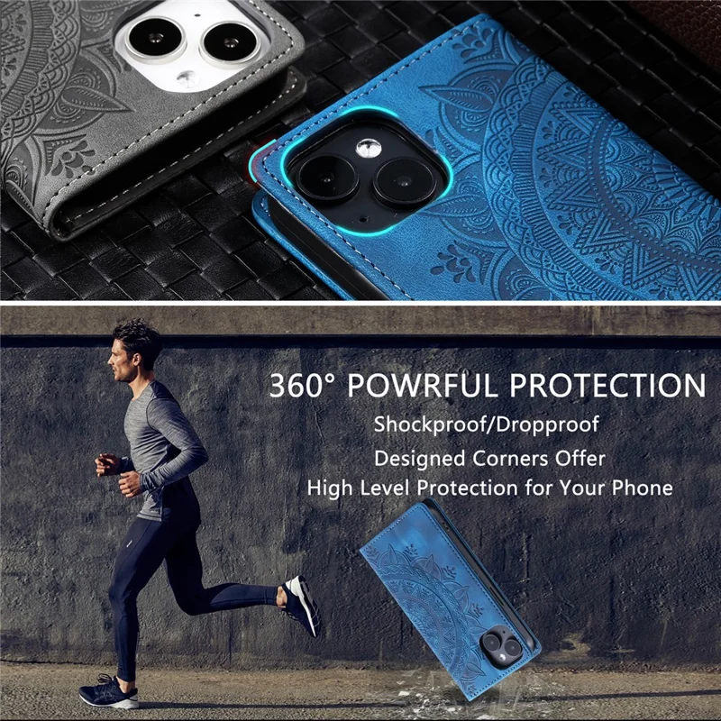For iPhone 13 Case Magnetic Imprinted Stand PU Leather Phone Cover - Blue