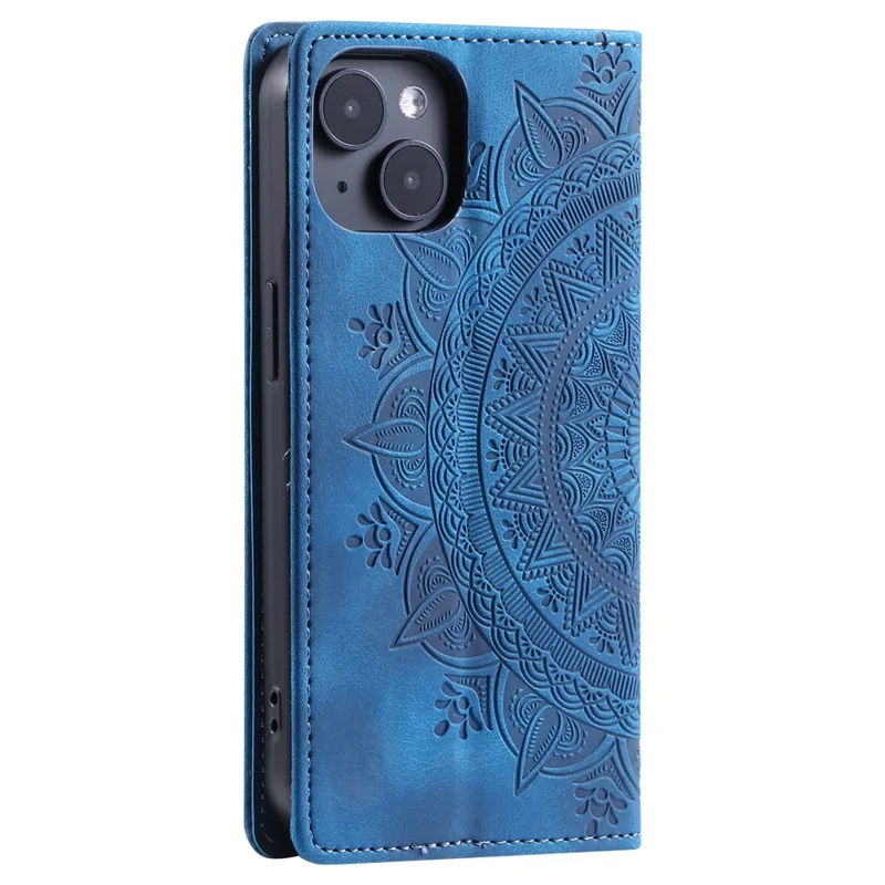 For iPhone 13 Case Magnetic Imprinted Stand PU Leather Phone Cover - Blue