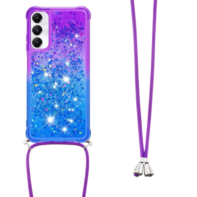 For Samsung Galaxy A05s 4G TPU Case Gradiant Quicksand Shockproof Cover with Lanyard - Purple+Sky Blue