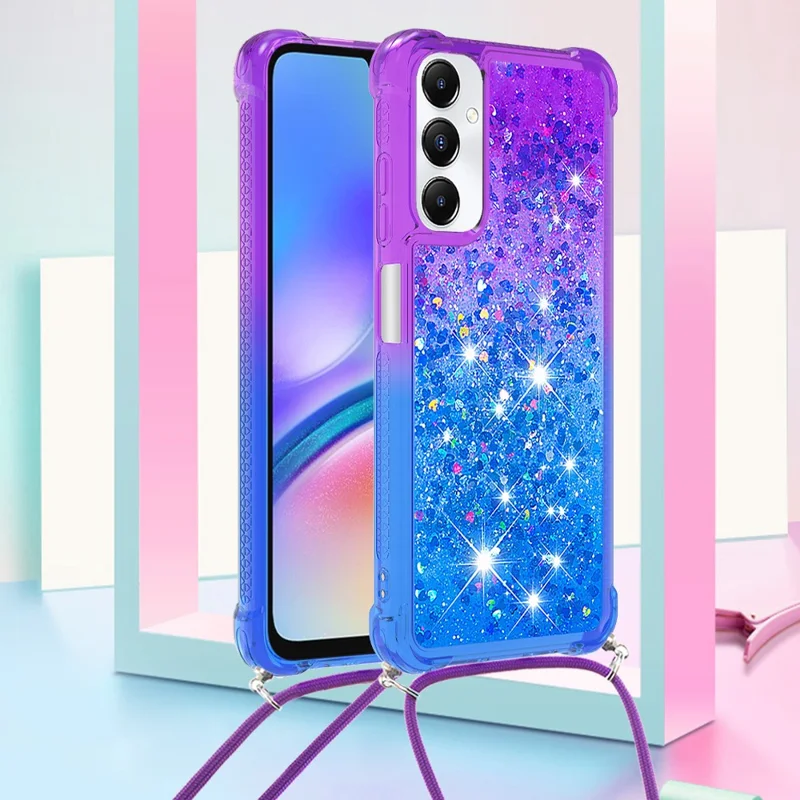 For Samsung Galaxy A05s 4G TPU Case Gradiant Quicksand Shockproof Cover with Lanyard - Purple+Sky Blue