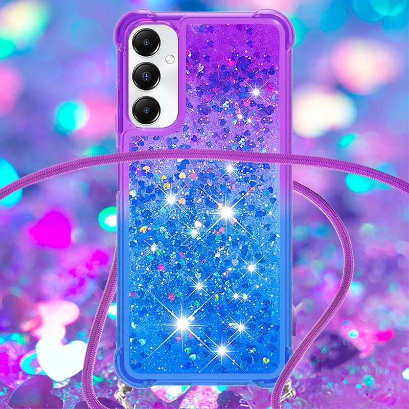 For Samsung Galaxy A05s 4G TPU Case Gradiant Quicksand Shockproof Cover with Lanyard - Purple+Sky Blue