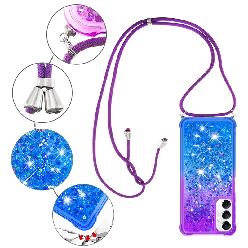 For Samsung Galaxy A05s 4G TPU Case Gradiant Quicksand Shockproof Cover with Lanyard - Purple+Sky Blue